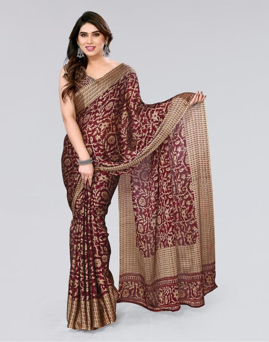 Wine Printed Georgette Saree