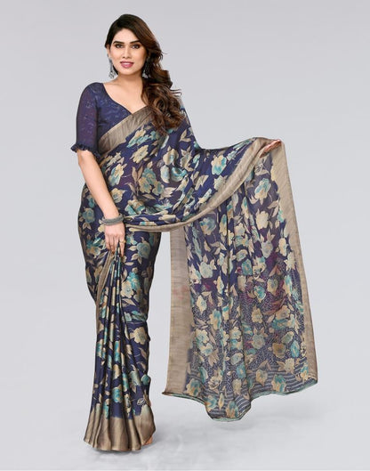 Navy Blue Printed Georgette Saree