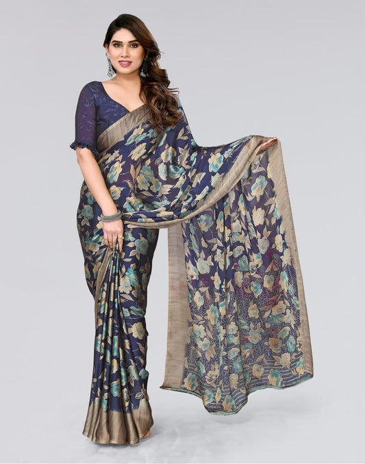 Navy Blue Printed Georgette Saree