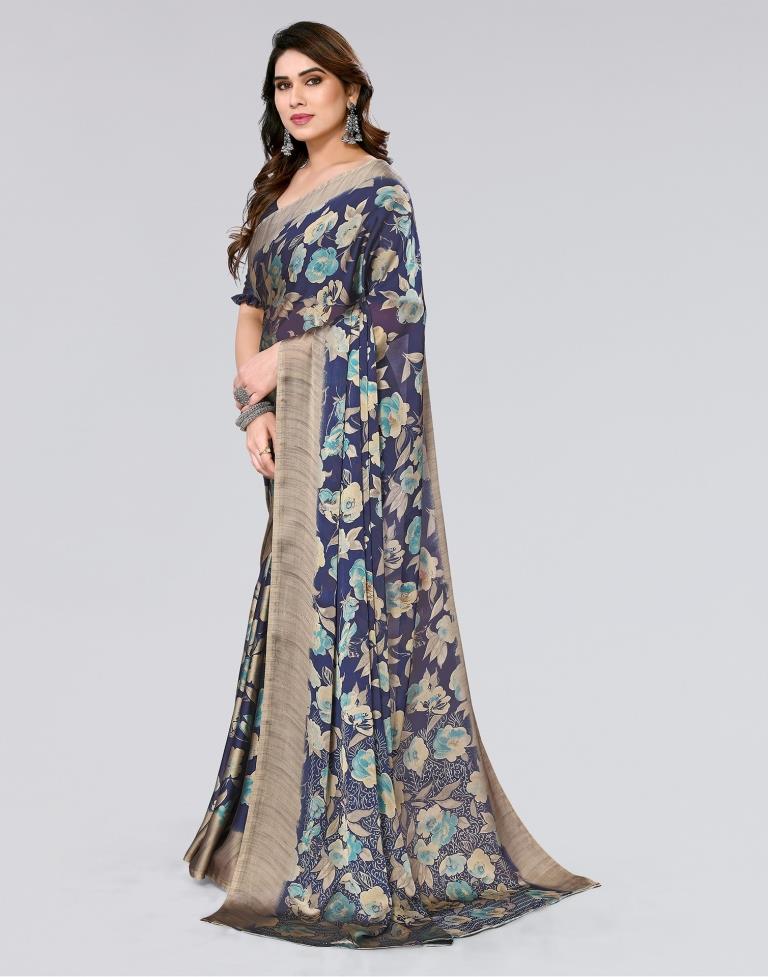 Navy Blue Printed Georgette Saree