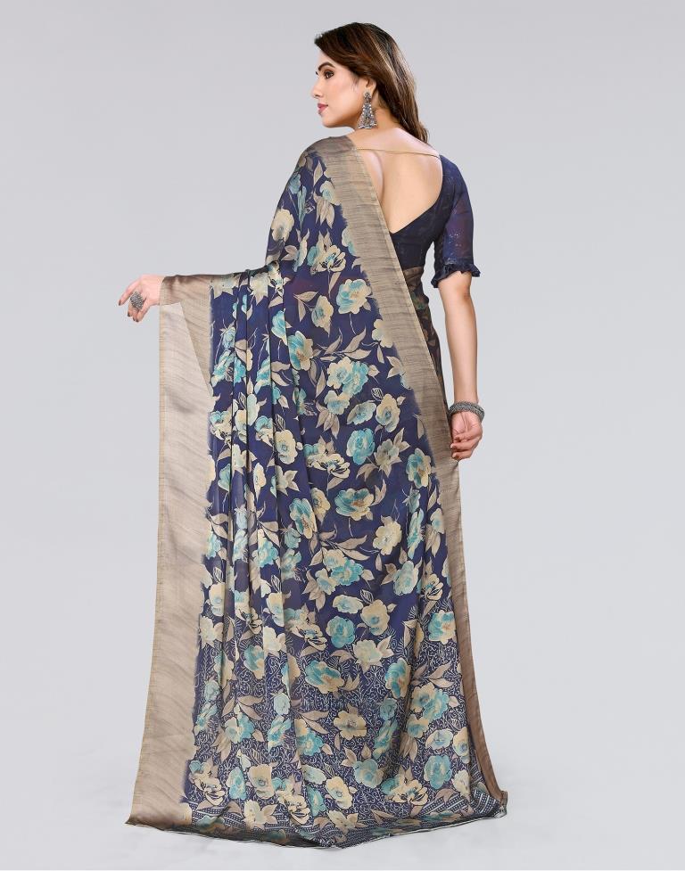 Navy Blue Printed Georgette Saree