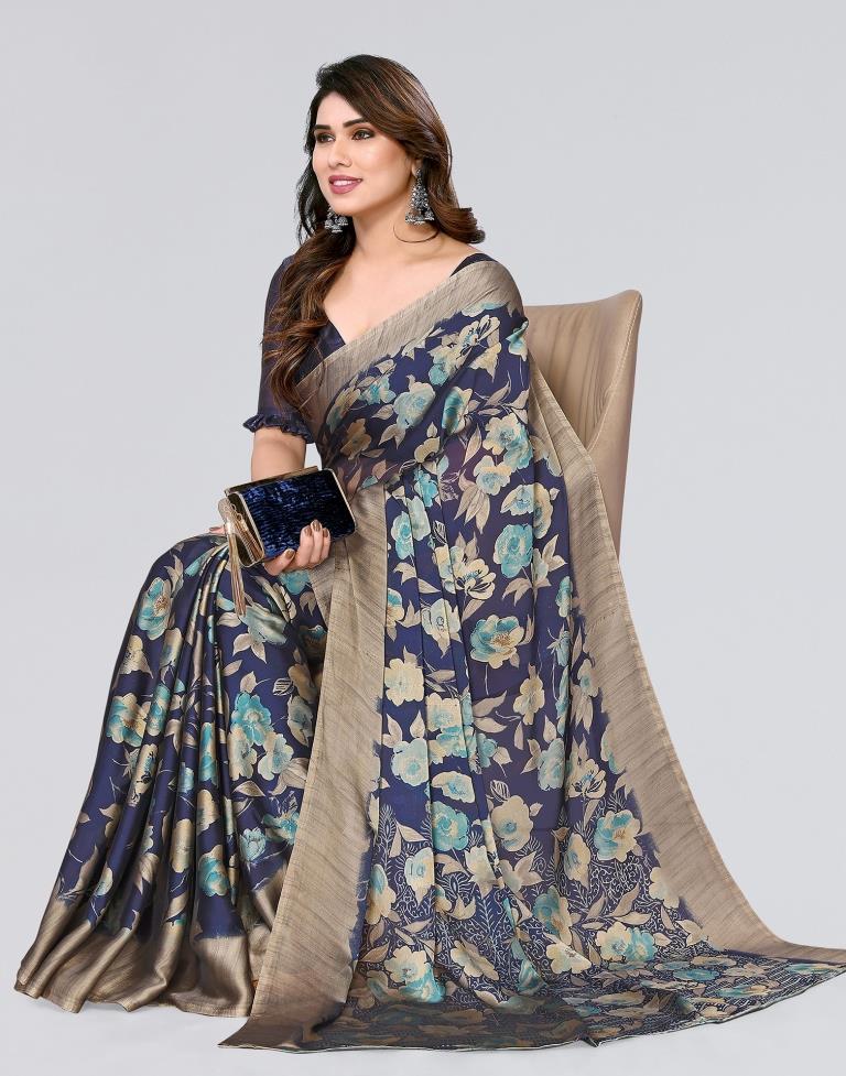 Navy Blue Printed Georgette Saree
