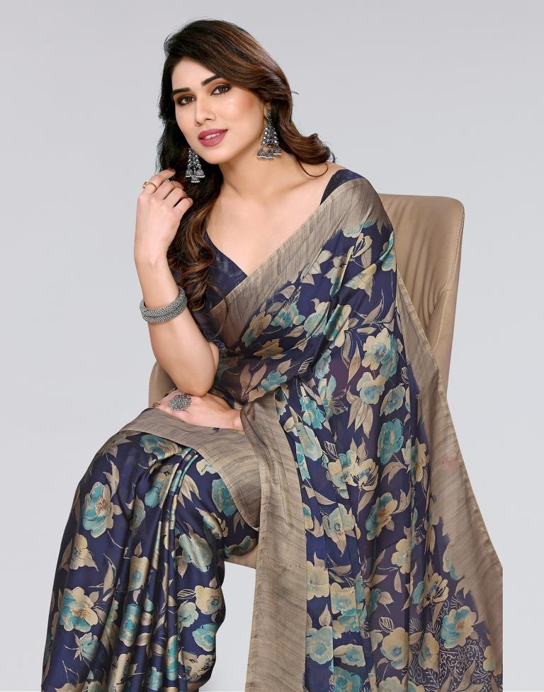 Navy Blue Printed Georgette Saree