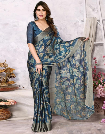 Teal Blue Georgette Floral Printed Saree
