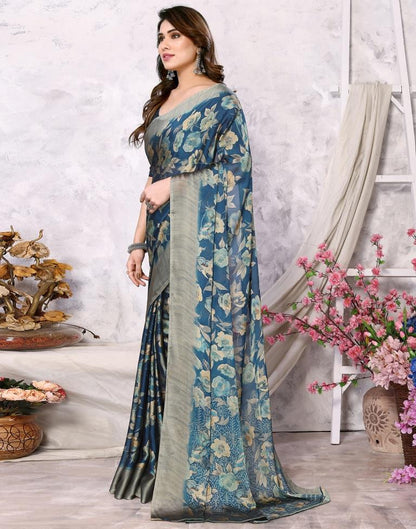 Teal Blue Georgette Floral Printed Saree