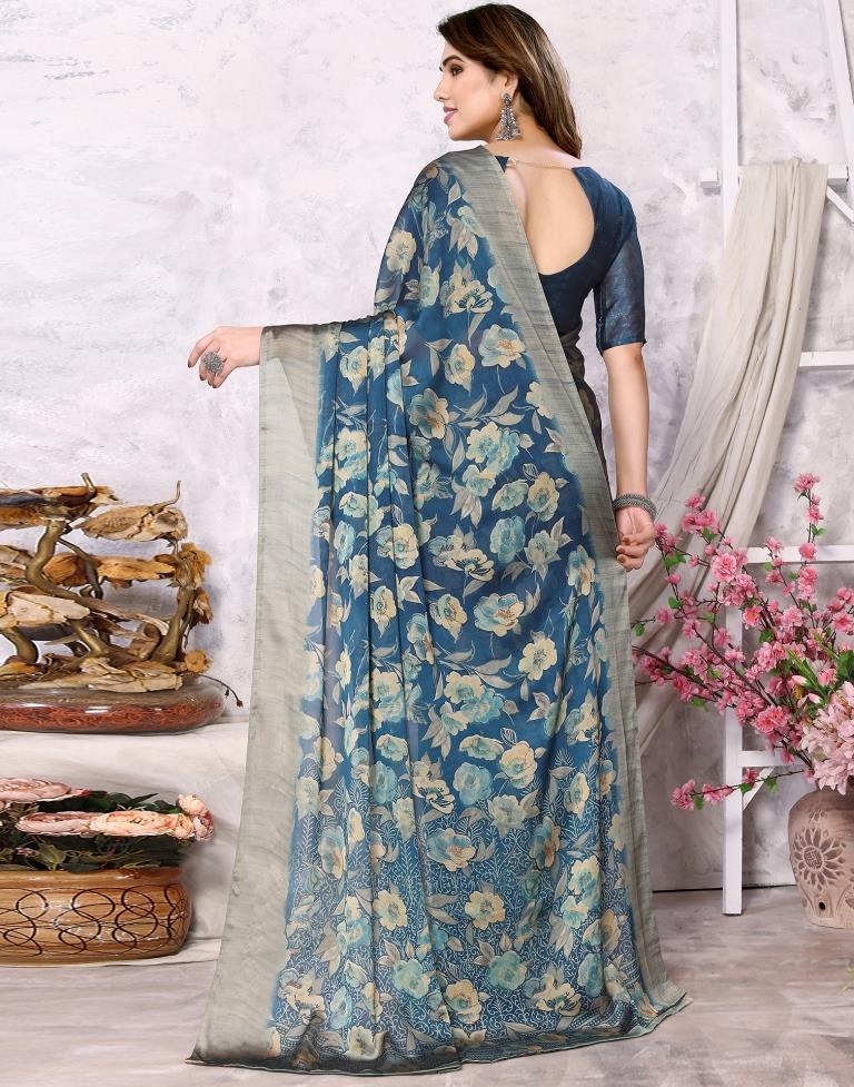Teal Blue Georgette Floral Printed Saree