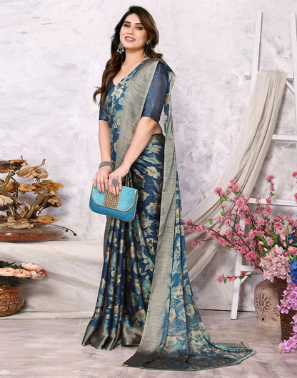 Teal Blue Georgette Floral Printed Saree