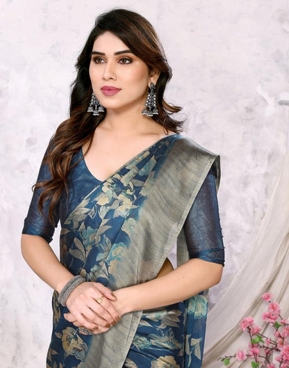 Teal Blue Georgette Floral Printed Saree
