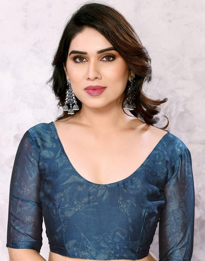 Teal Blue Georgette Floral Printed Saree