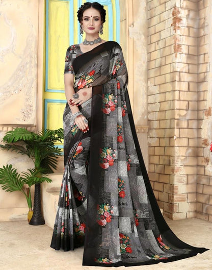 Grey Georgette Floral Printed Saree