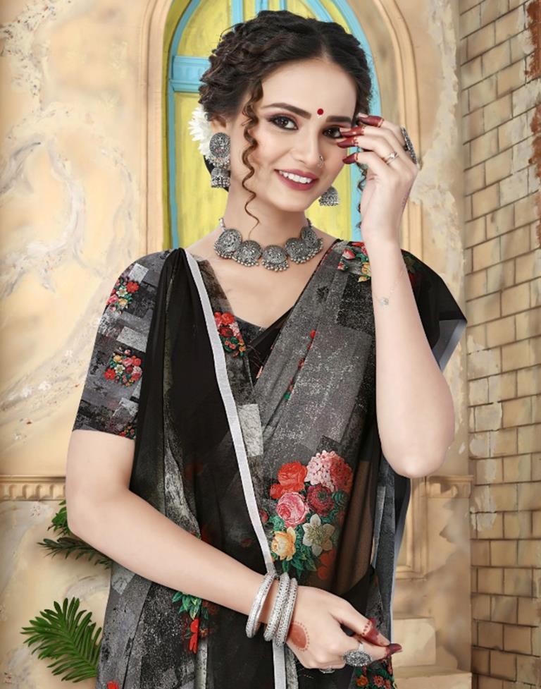 Grey Georgette Floral Printed Saree