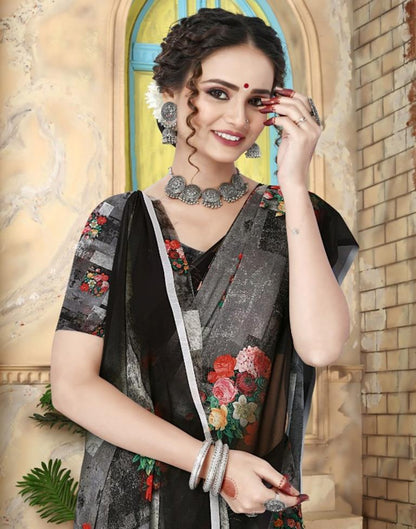Grey Georgette Floral Printed Saree