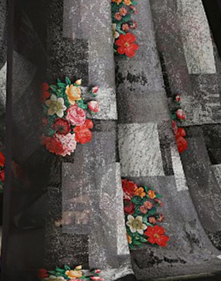 Grey Georgette Floral Printed Saree