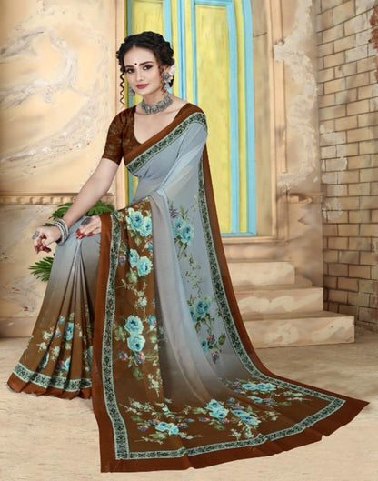Light Grey Georgette Floral Printed Saree