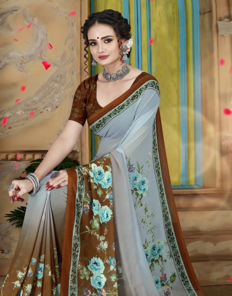 Light Grey Georgette Floral Printed Saree