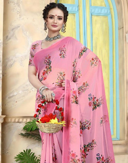 Light Pink Georgette Floral Printed Saree