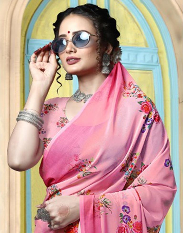 Light Pink Georgette Floral Printed Saree