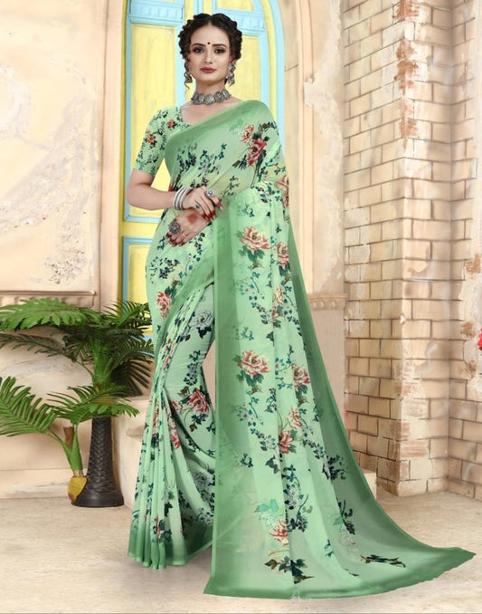 Light Green Georgette Floral Printed Saree