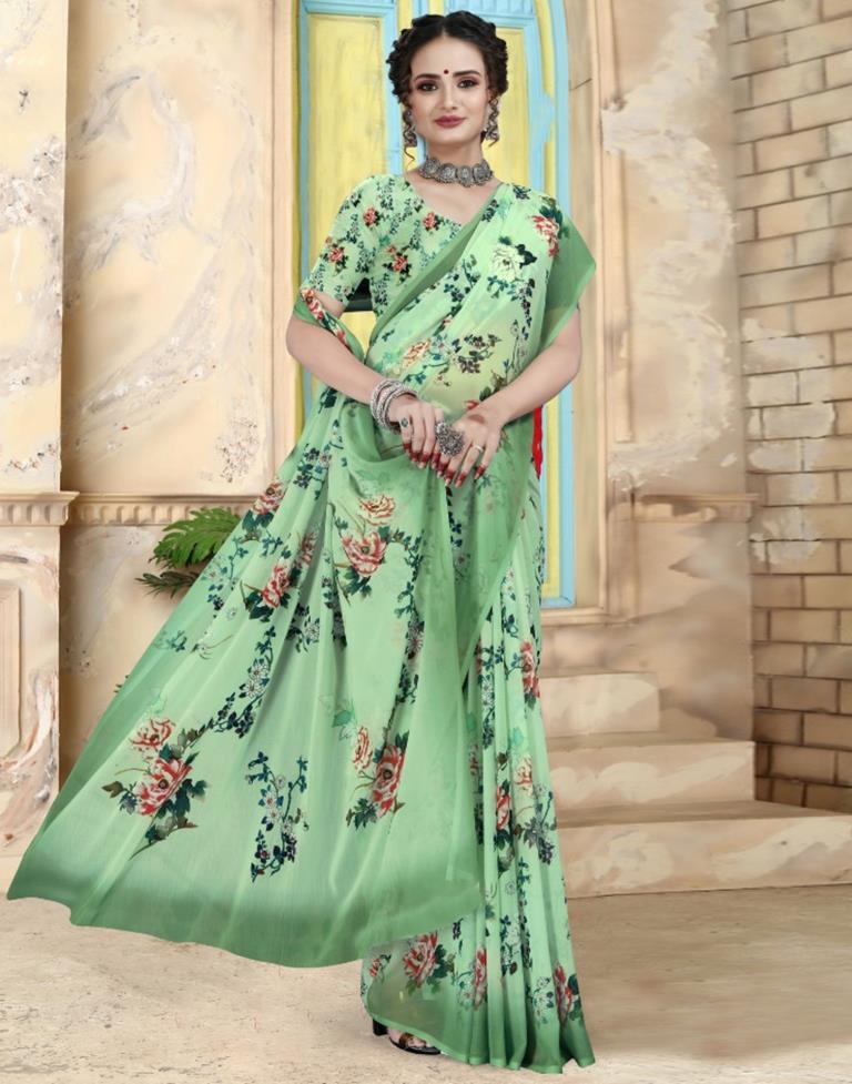 Light Green Georgette Floral Printed Saree