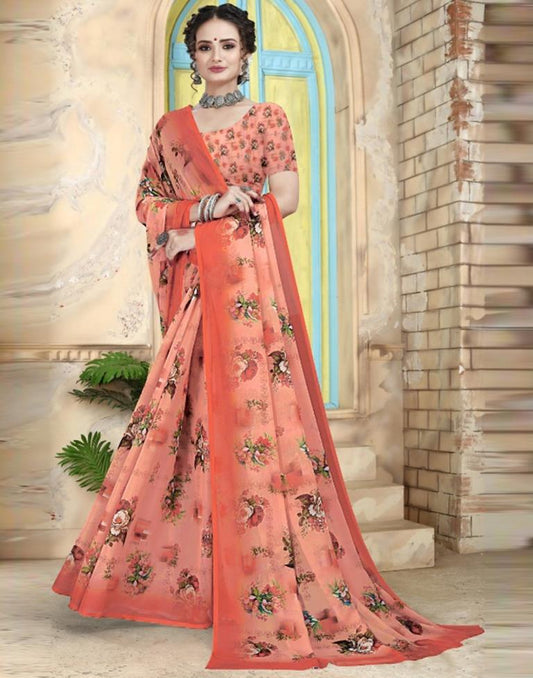 Peach Georgette Floral Printed Saree