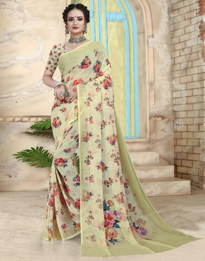 Light Yellow Georgette Floral Printed Saree