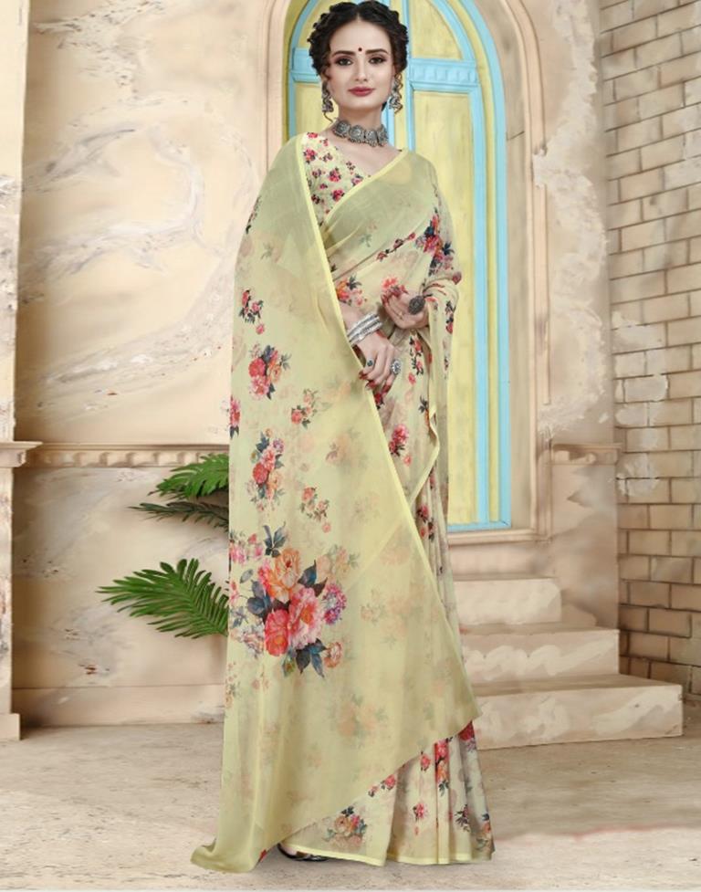 Light Yellow Georgette Floral Printed Saree