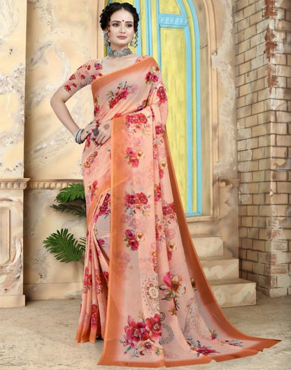 Peach Pink Georgette Floral Printed Saree