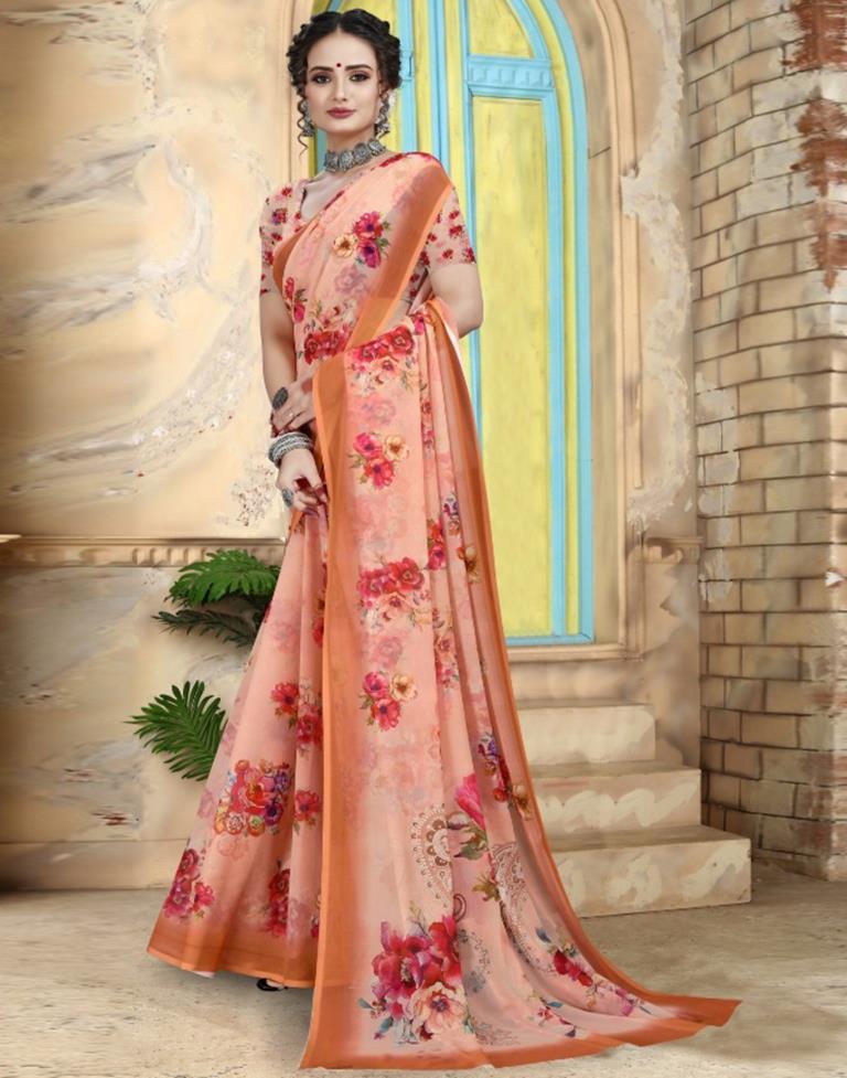 Peach Pink Georgette Floral Printed Saree