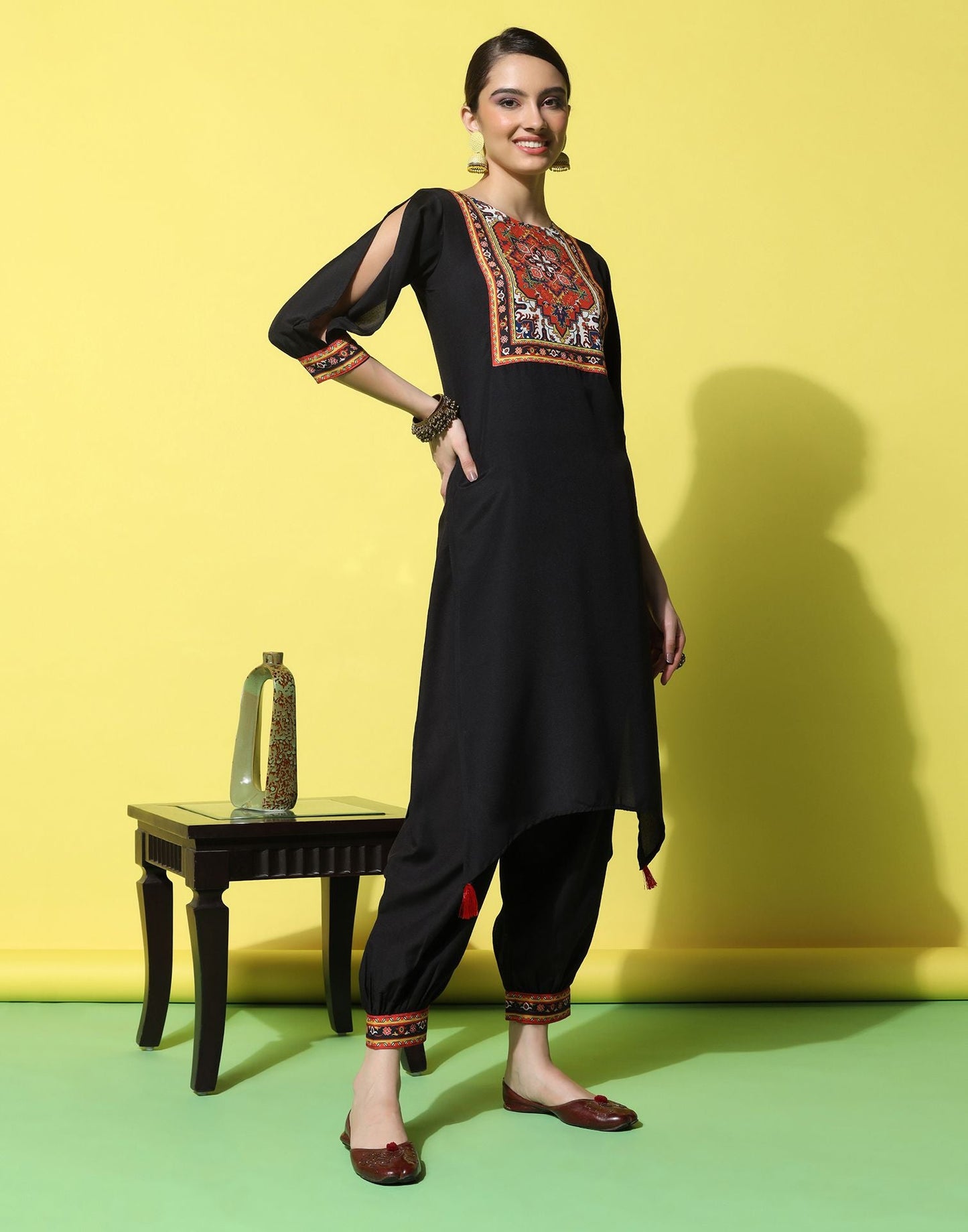 Black Printed Rayon Straight Kurta Set With Pant