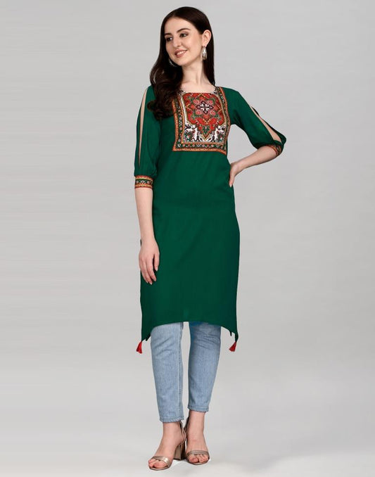 Bottle Green Printed Kurti | Leemboodi