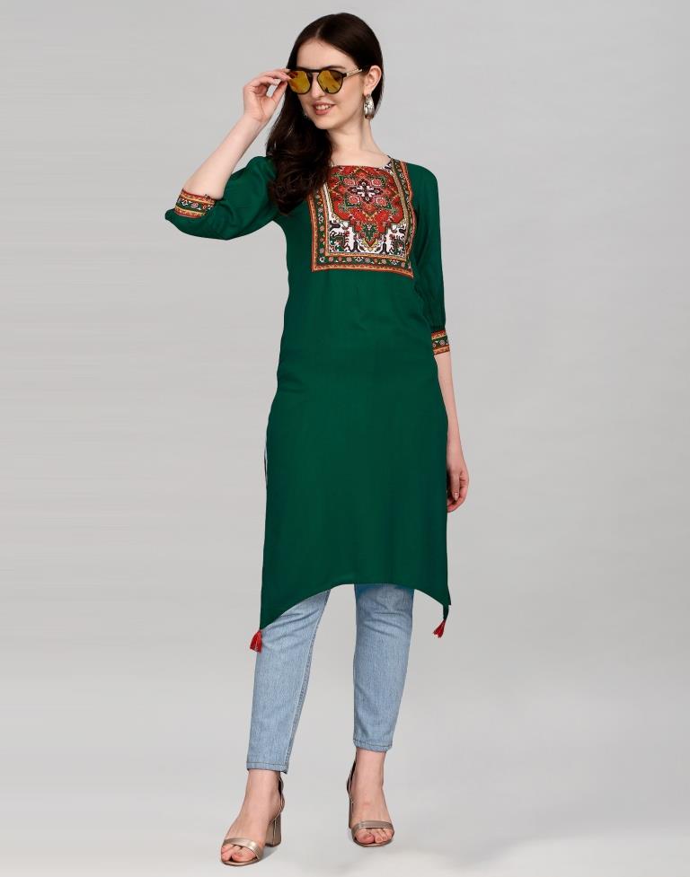 Bottle Green Printed Kurti | Leemboodi