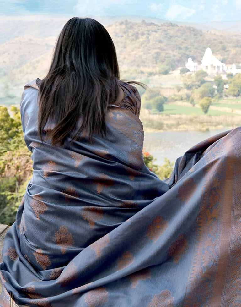 Steel Blue Cotton Weaving Saree