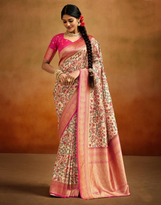 Cream Weaving Silk Printed Saree
