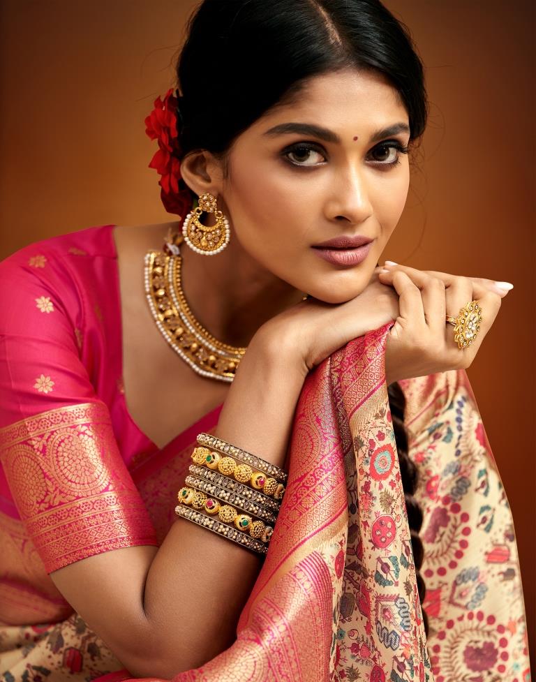 Cream Weaving Silk Printed Saree