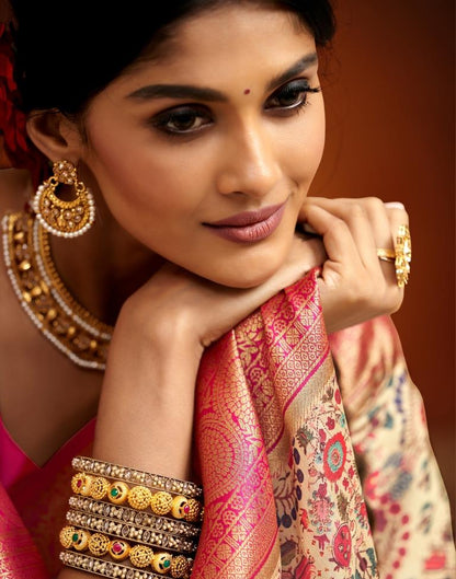 Cream Weaving Silk Printed Saree