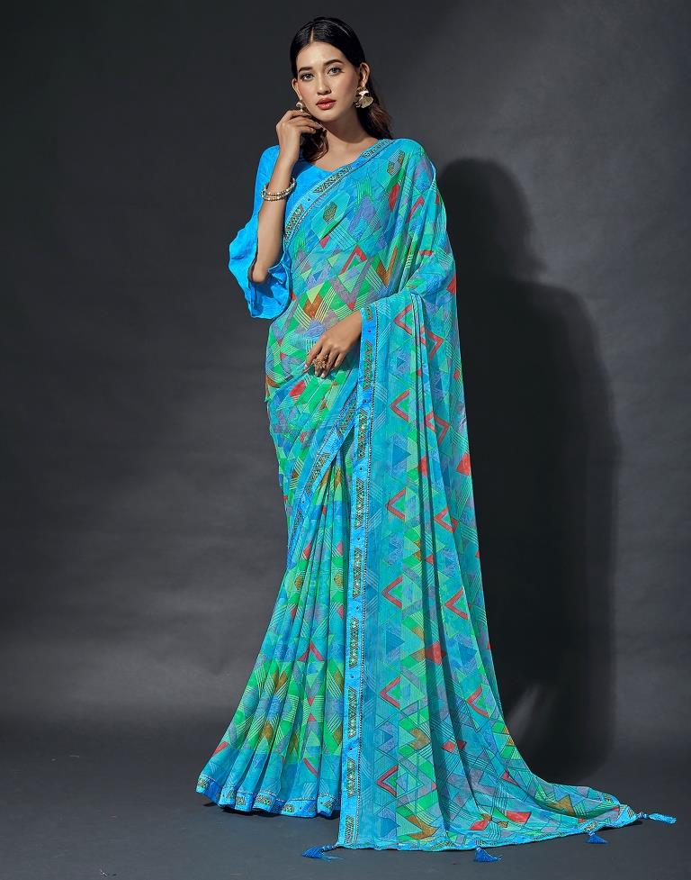 Sky Blue Chiffon Printed Saree