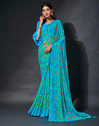 Sky Blue Chiffon Printed Saree
