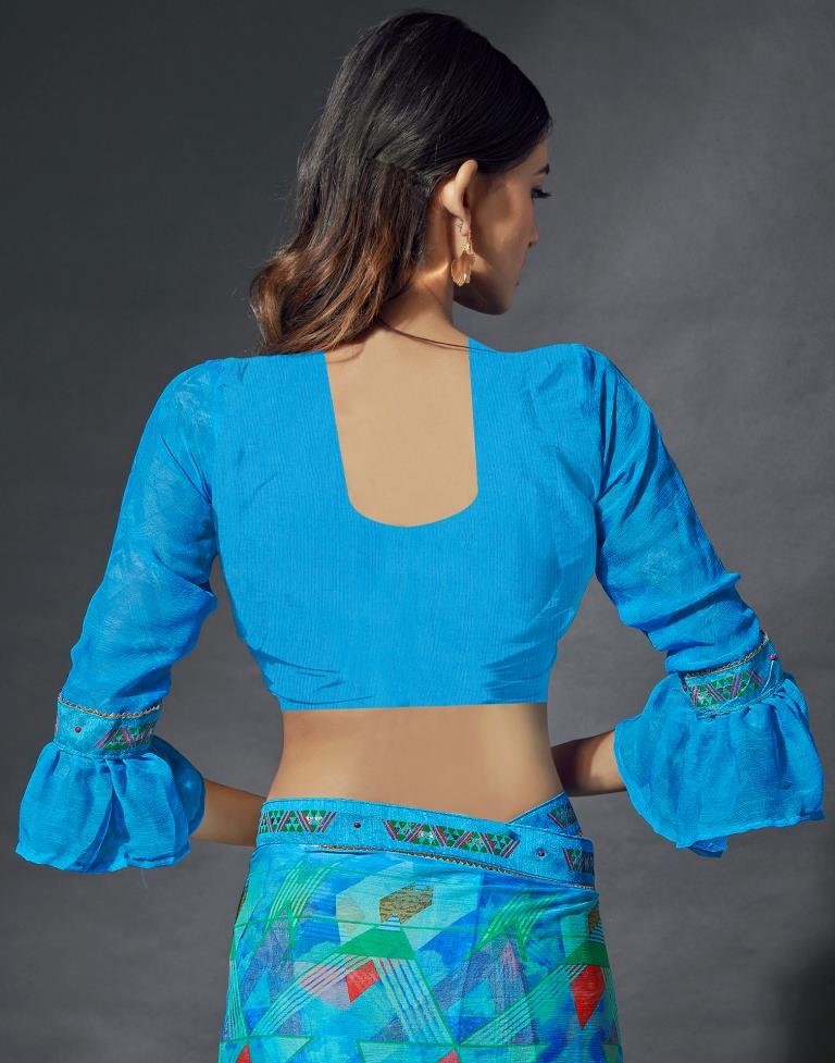 Sky Blue Chiffon Printed Saree