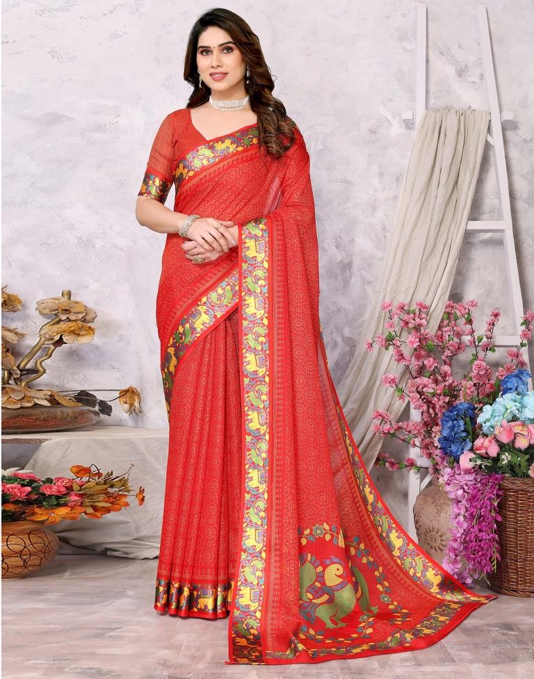 Red Kota Checks Printed Saree