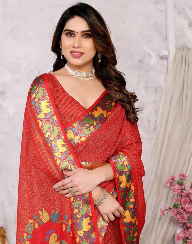 Red Kota Checks Printed Saree