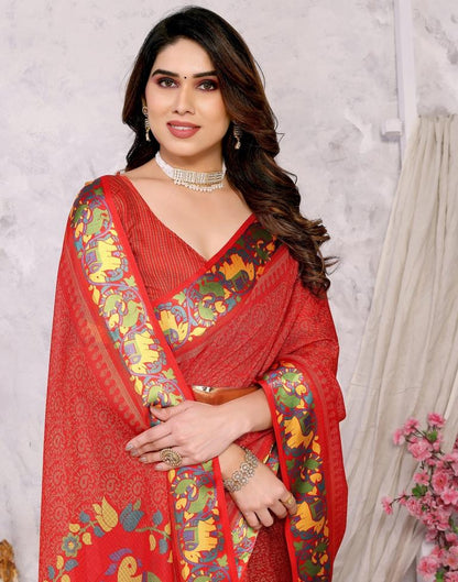 Red Kota Checks Printed Saree