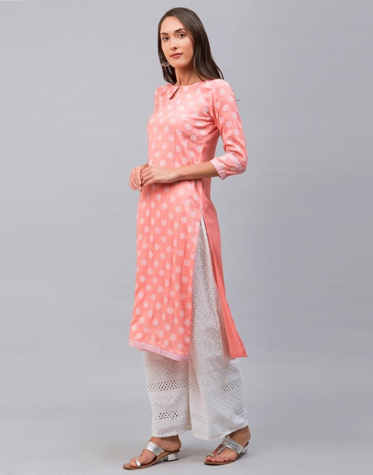 Contemporary Light Pink Coloured Khadi Printed Cotton Kurti | Leemboodi