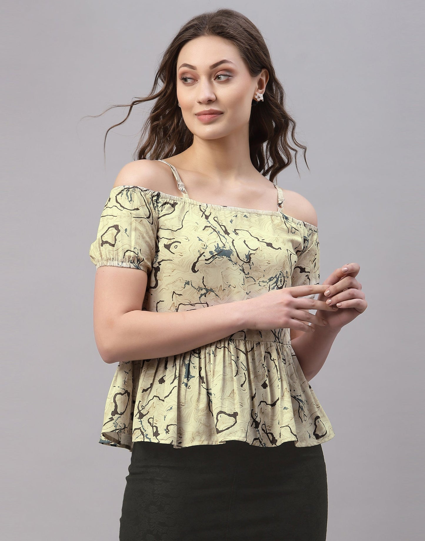 Beige Off Shoulder Gather Top | Sudathi