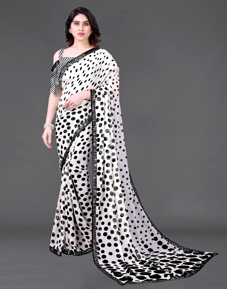 White Chiffon Printed Saree