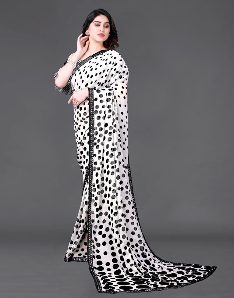 White Chiffon Printed Saree