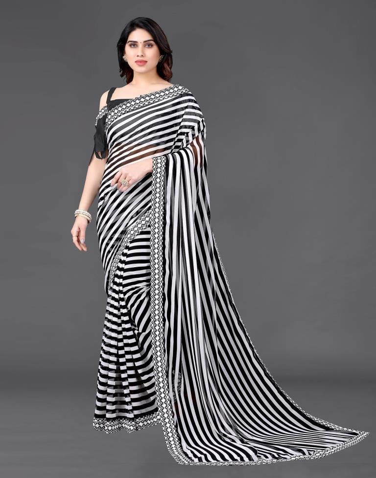 White Chiffon Printed Saree