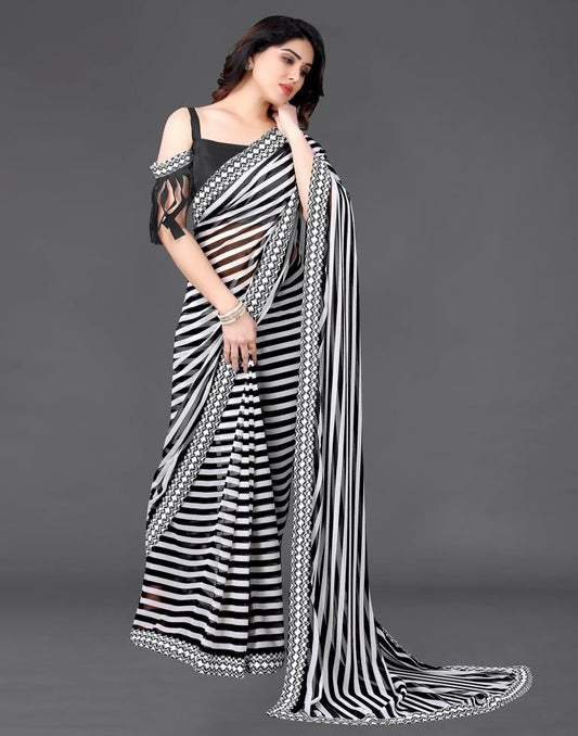 White Chiffon Printed Saree