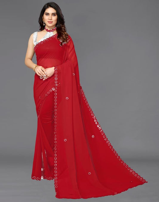 Red Georgette Embroidery Saree