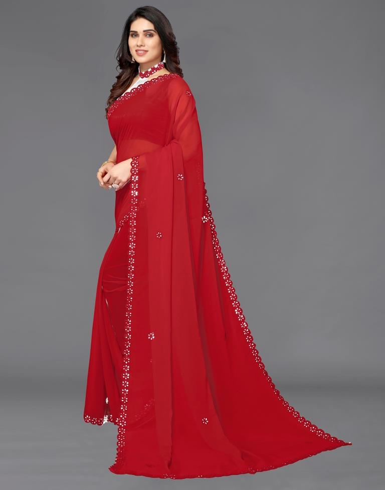 Red Georgette Embroidery Saree