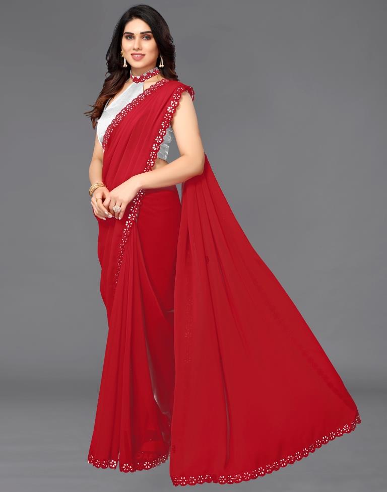 Red Georgette Embroidery Saree